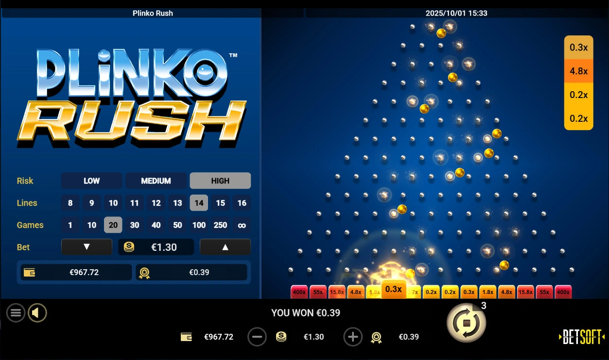 Plinko Rush with 14 active lines